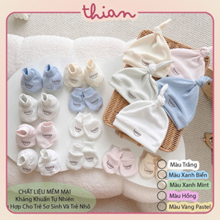 Set Mũ Củ Tỏi Bao Tay Bao Chân Cho Bé Vải Thun Tăm Happy Thông Hơi Mềm Mại Kháng Khuẩn, Nón Cho Bé Sơ Sinh