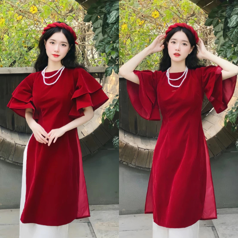 Set Áo Dài Cách Tân Tay Loe Nhung Đỏ Kèm Quần Dáng Suông Mặc Tết Sang Chảnh MS129