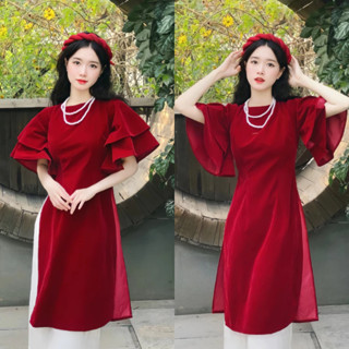 Set Áo Dài Cách Tân Tay Loe Nhung Đỏ Kèm Quần Dáng Suông Mặc Tết Sang Chảnh MS129