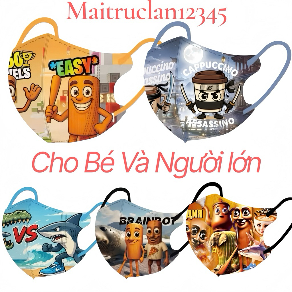 Combo 10/50 Cái Khẩu Trang Hoạ Tiết Tung Tung Tung Sahur cho Bé (3-8 tuổi 14-30kg)Và người lớn