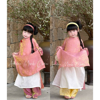 Áo dài Minh Châu - (Tặng kèm bờm) Set ao dài tơ óng ánh kim màu hồng sang chảnh
