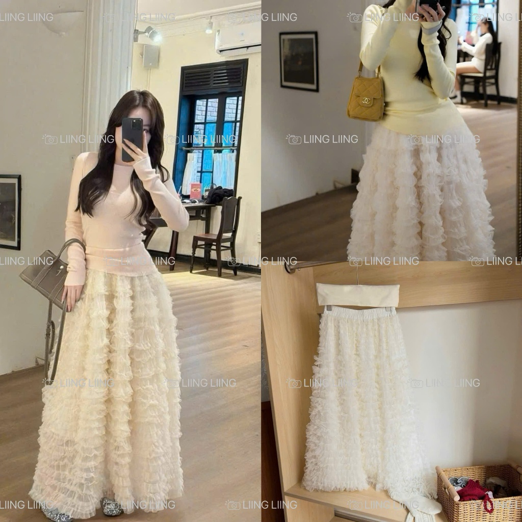 SET ÁO LEN ÔM BODY DÀI TAY CHÂN VÁY VOAN TẦNG DÁNG DÀI PHONG CÁCH TIỂU THƯ THANH LỊCH - LIING