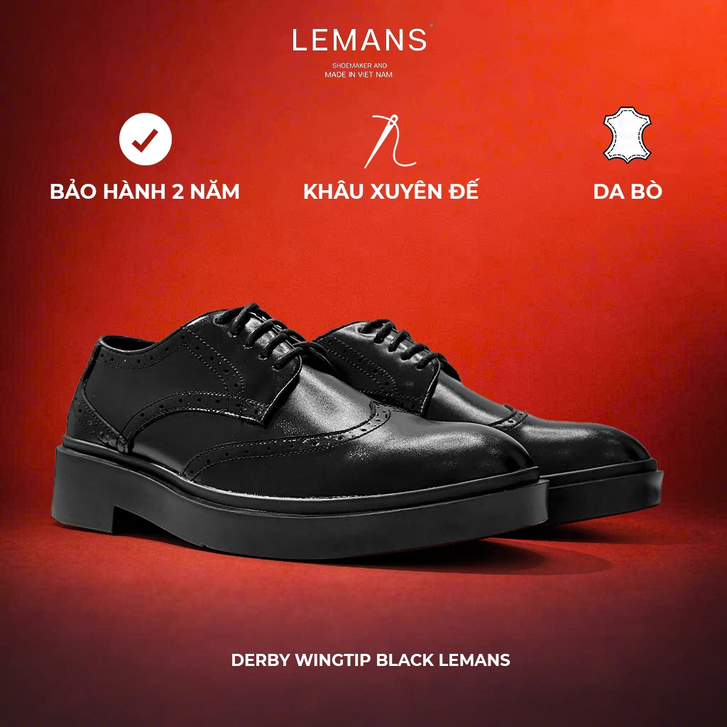 Giày da bò Derby Wingtip Black LEMANS DB02D, Giày tây nam Công Sở Cao Cấp, giày derby công sở Bảo Hành 24 Tháng da bò