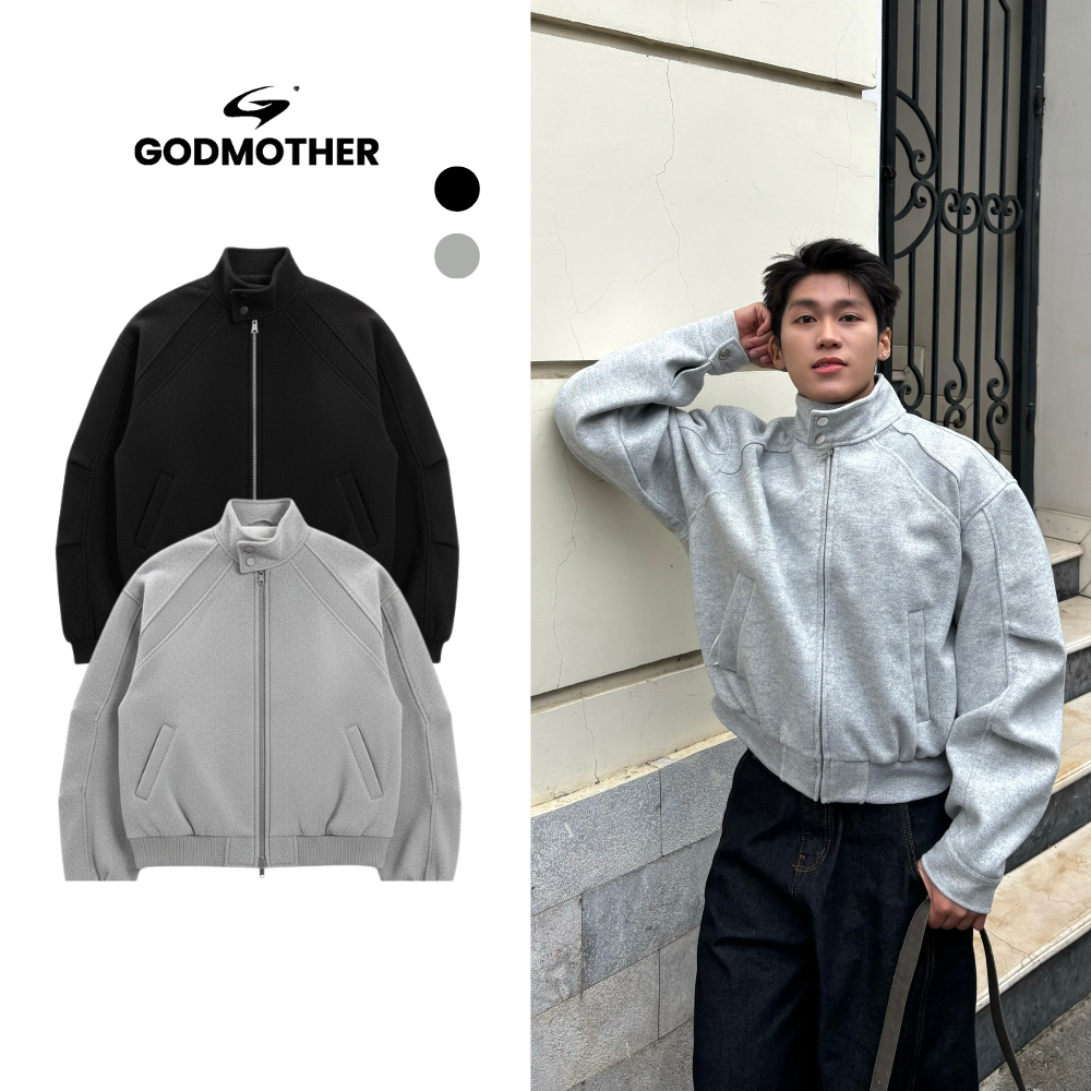 Áo Khoác Jacket Dạ GODMOTHER Dáng Lửng Cổ Trụ Form Rộng Phong Cách Đường Phố Năng Động Menswear