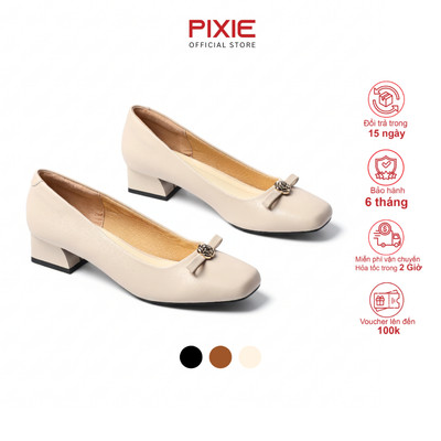 Giày Cao Gót Nữ 3cm Mũi Vuông Phối Nơ Đính Hoa Thời Trang Pixie H431