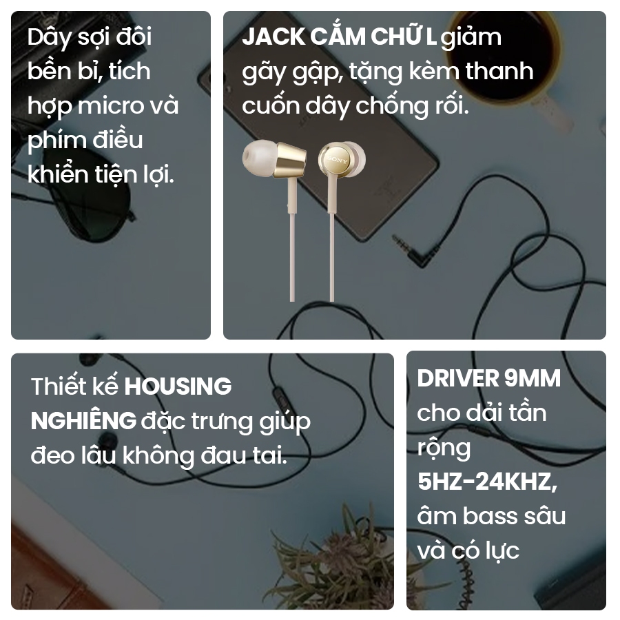 Tai nghe có dây in-ear Sony MDR-EX155AP màng loa 9mm cho âm thanh động, có micro đàm thoại, jack cắm | BigBuy360 - bigbuy360.vn