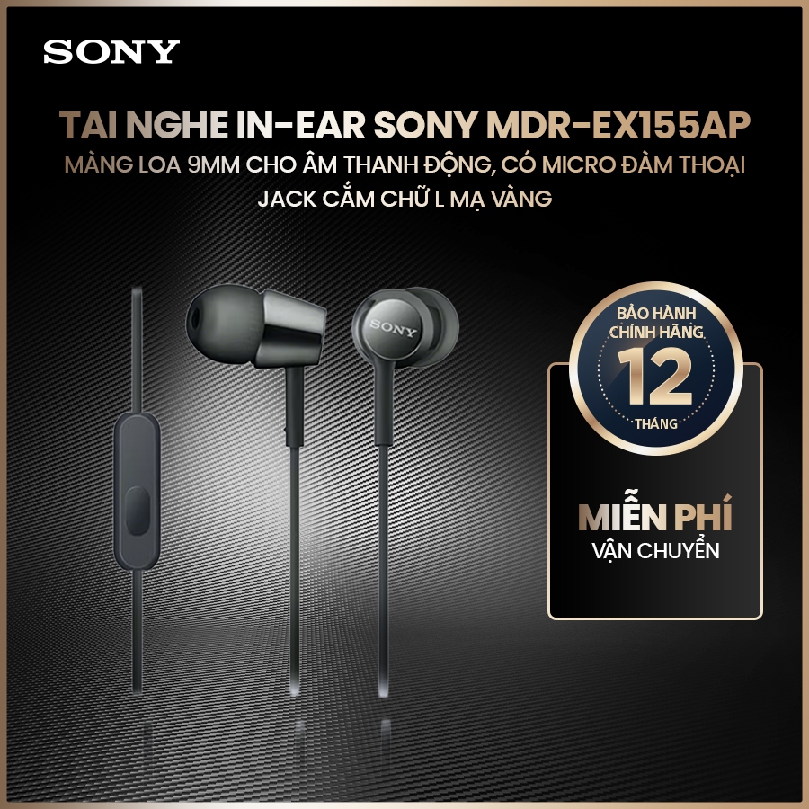 Tai nghe có dây in-ear Sony MDR-EX155AP màng loa 9mm cho âm thanh động, có micro đàm thoại, jack cắm