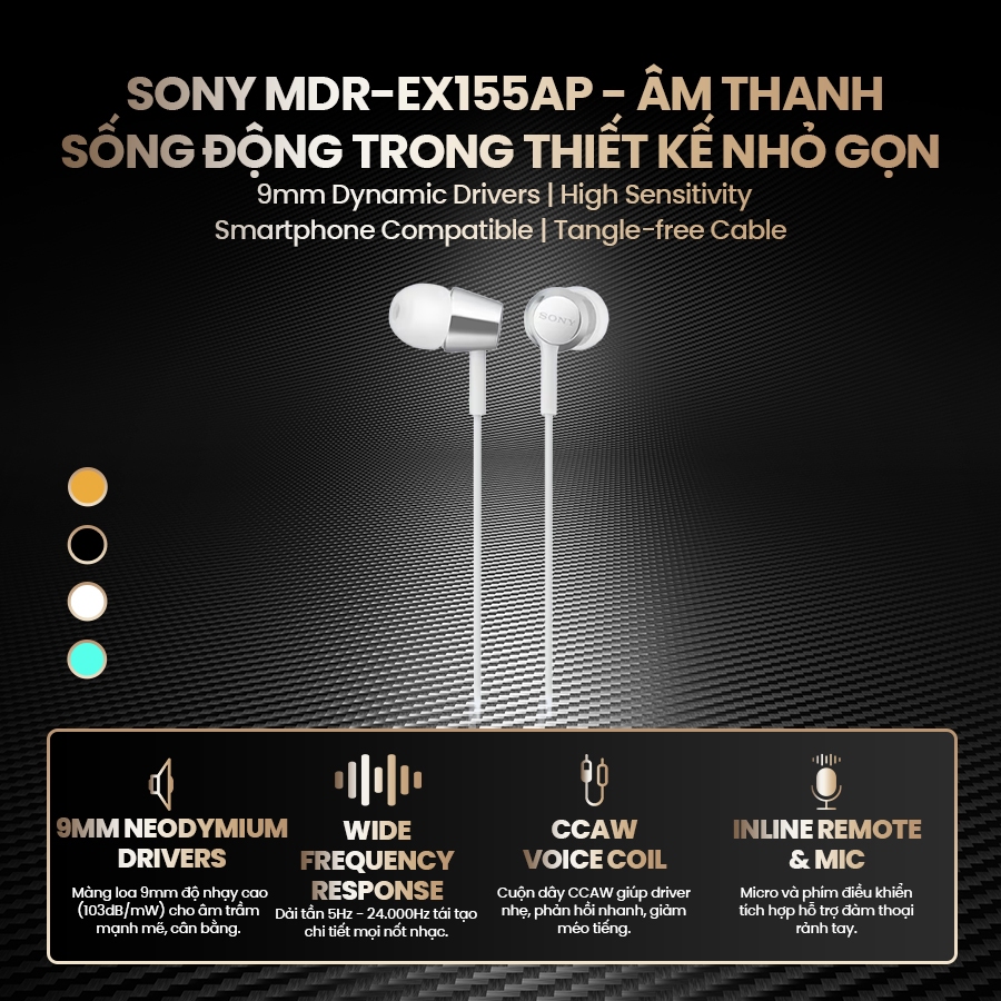 Tai nghe có dây in-ear Sony MDR-EX155AP màng loa 9mm cho âm thanh động, có micro đàm thoại, jack cắm | BigBuy360 - bigbuy360.vn
