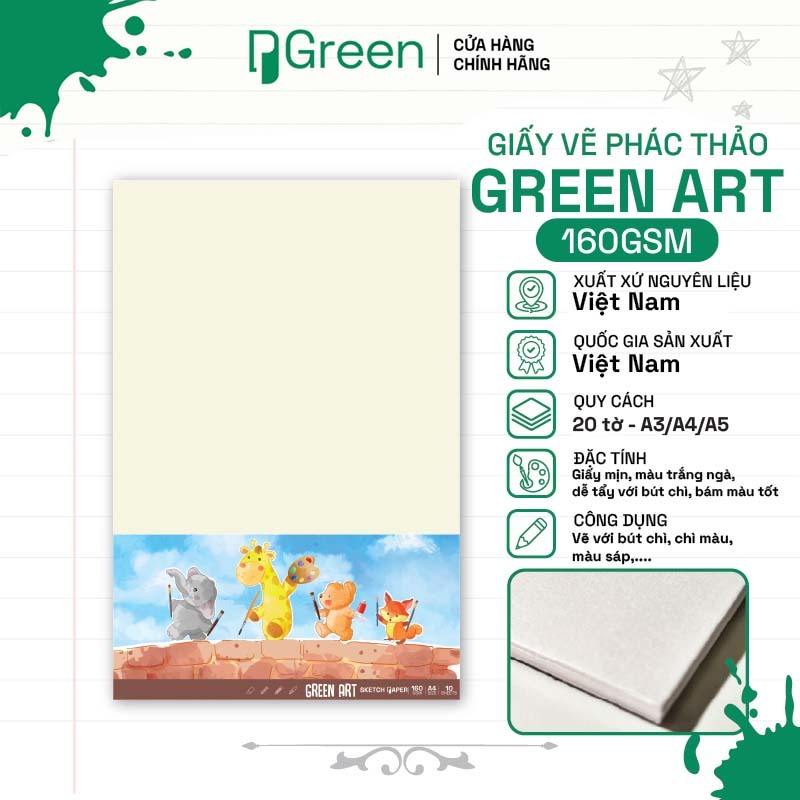 Tệp Giấy Vẽ Green Art - 160gsm - 20 tờ | PGREEN