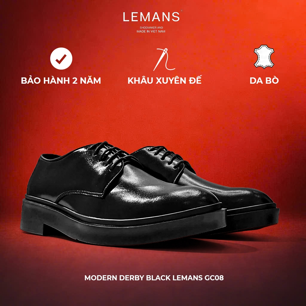 Giày công sở Modern Derby Black LEMANS GC08 da bò, đế tăng cao 4cm, giày tây tăng chiều cao ,bảo hành 24 tháng