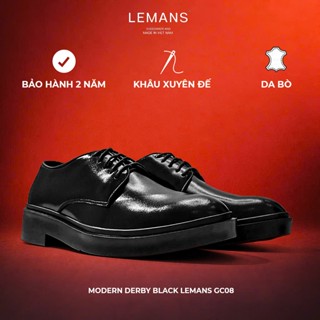 Giày công sở Modern Derby Black LEMANS GC08 da bò, đế tăng cao 4cm, giày tây tăng chiều cao ,bảo hành 24 tháng