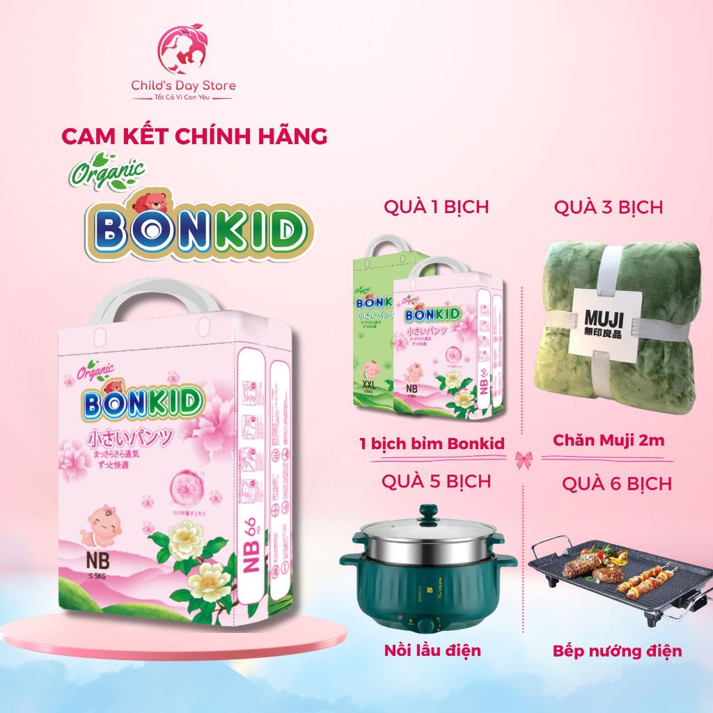 [MUA 1 TẶNG 1] Bỉm dán Bonkid Organic, Tã dán BonKid Organic hữu cơ, tinh chất trà xanh ngừa hăm cho
