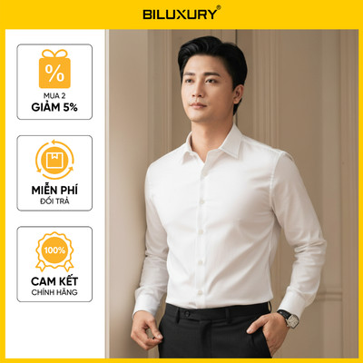 Áo Sơ Mi Nam Dài Tay Trắng 9SMDT518TRK Biluxury Form SlimFit Cao Cấp Phối Hoạ Tiết Cổ Áo Chống Nhăn