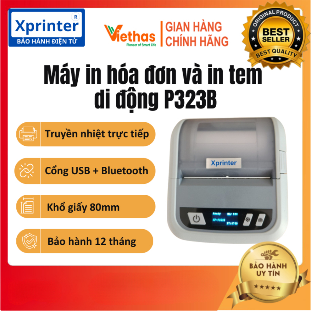 Máy in tem nhiệt mã vạch, in bill cầm tay mini Xprinter XP-P323B / máy in hóa đơn K80 Kết nối USB + 