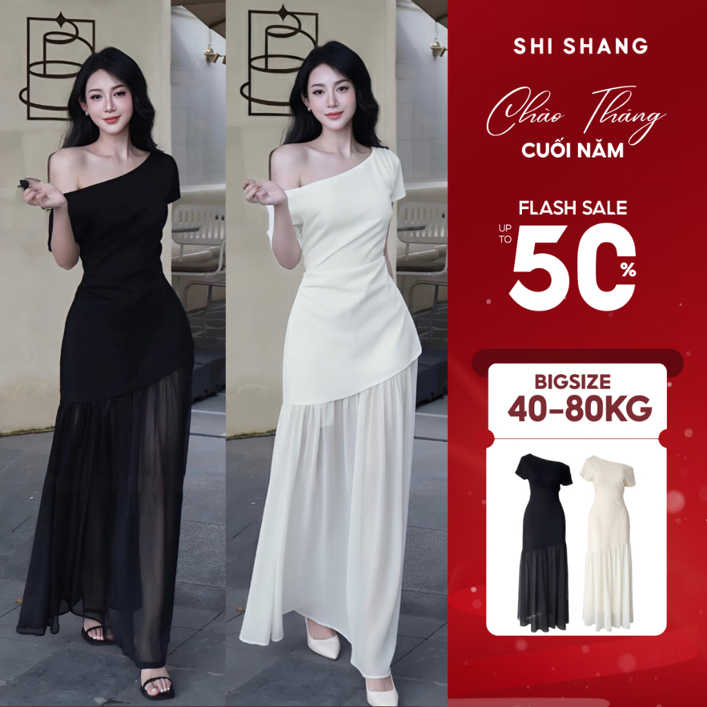 [𝐇𝐚̀𝐧𝐠 𝐐𝐮𝐚̉𝐧𝐠 𝐂𝐡𝐚̂𝐮 - 𝟐 𝐋𝐨̛́𝐩] Đầm Lệch Vai Dáng Dài Phối Tơ Xòe, Váy Tiệc Bigsize Thiết Kế by 𝐒𝐇𝐈 𝐒𝐇𝐀𝐍𝐆 | BigBuy360 - bigbuy360.vn