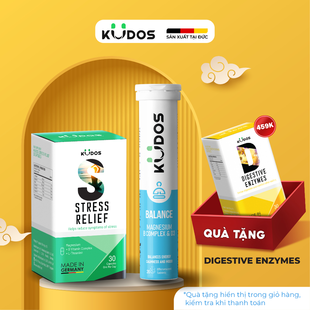 Combo Thực phẩm Bảo Vệ Sức Khỏe KUDOS STRESS RELIFE 30v + KUDOS BALANCE MAGNESIUM WITH B VITAMIN COM