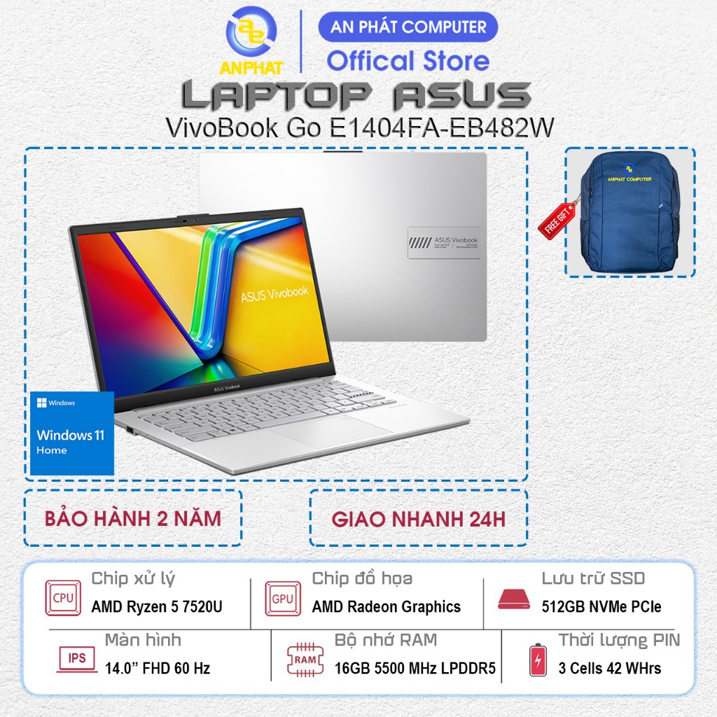 Laptop ASUS VivoBook Go E1404FA-EB482W, Ryzen 5 7520U, 16GB RAM, 512GB SSD, 14.0 FHD, Win11