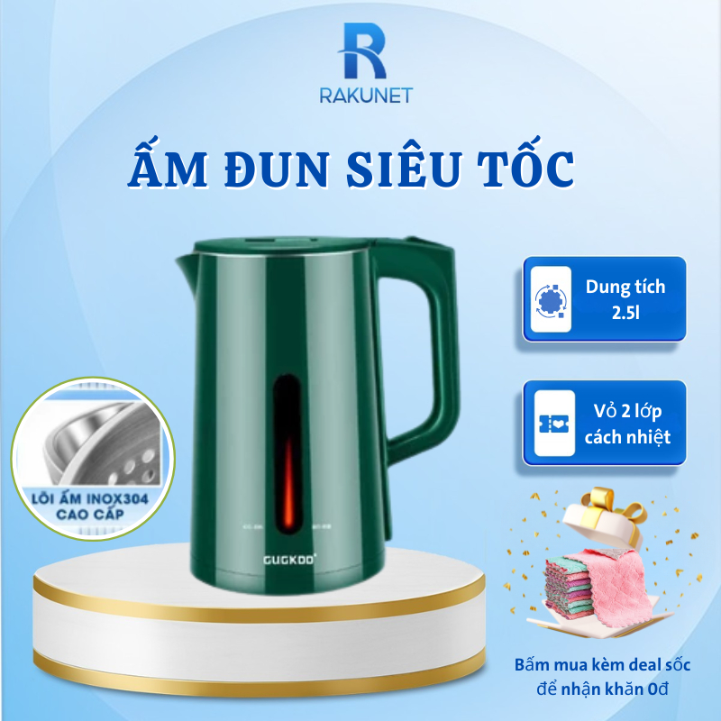 Ấm đun siêu tốc giữ nhiệt 2,3L tự ngắt khi sôi, ấm siêu tốc đun nước  inox 1500W hai lớp cách nhiệt