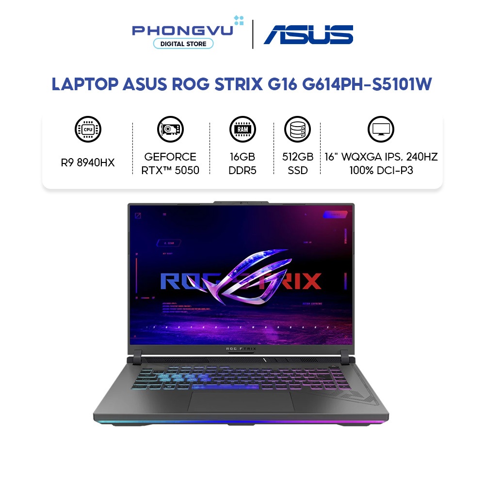 Laptop Gaming Asus ROG Strix G16 | Ryzen 9 8940HX, RTX 5050 8GB GDDR7, Màn 16" 2K 240Hz, 100% DCI-P3
