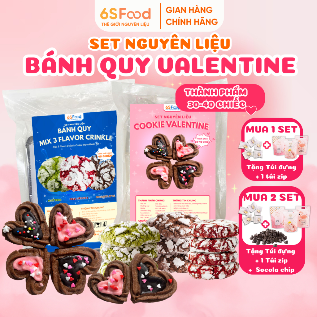 Set nguyên liệu bánh quy cookie Crinkle, cookie Valentine 3 Vị Red Velvet, Cacao, Matcha - 6 SFOOD