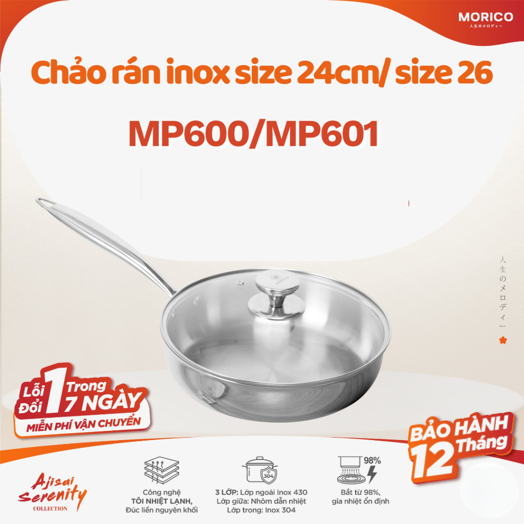 Chảo Inox Đúc Nguyên Khối MP600 24cm / MP601 26cm – Đáy 3 Lớp, Kèm Vung Kính, Dùng Mọi Loại Bếp
