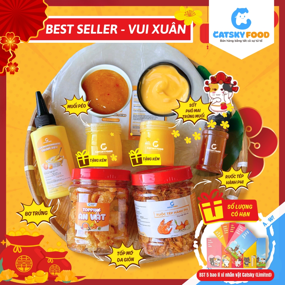 Bánh tráng phơi sương CATSKY FOOD combo bánh tráng sốt muối béo đồ ăn vặt - COMBO BEST SELLER
