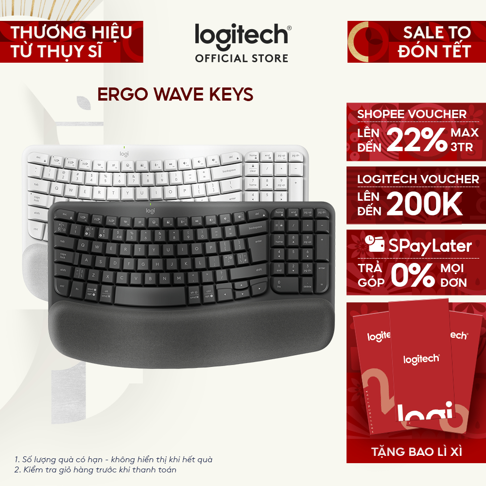 Bàn phím không dây công thái học Logitech Wave Keys - Kết nối Bluetooth, Gác tay, Windows, MacOs