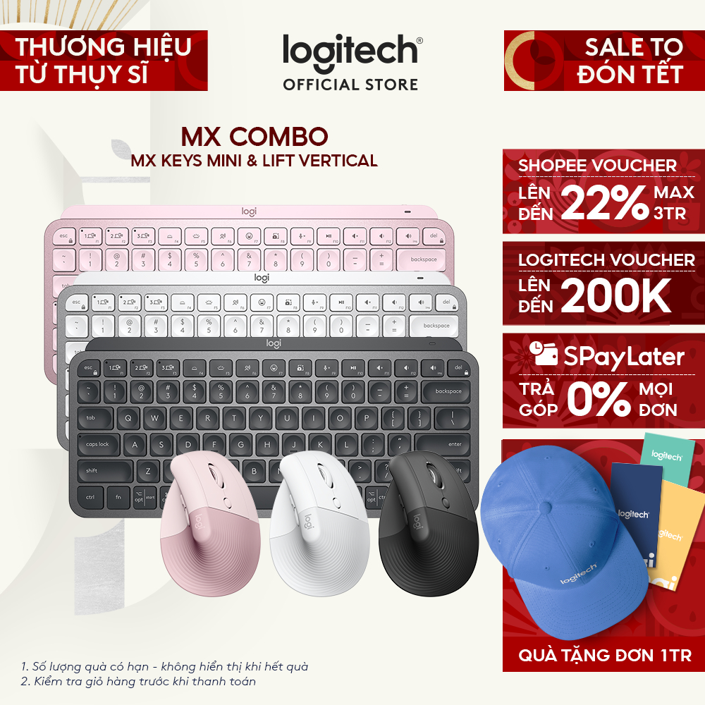 Combo Bàn phím Logitech MX Keys Mini và Chuột Logitech Lift Vertical - Bluetooth, USB Logi Bolt