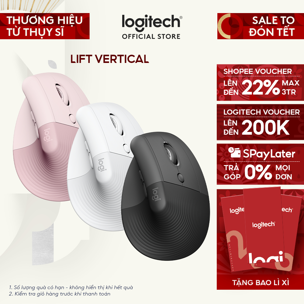 Chuột công thái học không dây Logitech Lift Vertical - Bluetooth | USB, giảm ồn, Win/ Mac