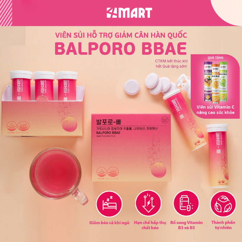 Viên sủi uống hỗ trợ giảm cân hiệu quả chính hãng Balporo BBae Hàn Quốc lọ 10 viên, hộp 3 lọ chuyển hóa chất béo cơ thể.