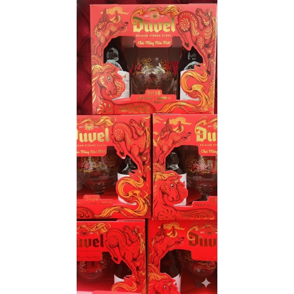 Bộ Quà Tặng Bia Duvel Nhập Khẩu Bỉ 4 chai tặng 1 ly vang