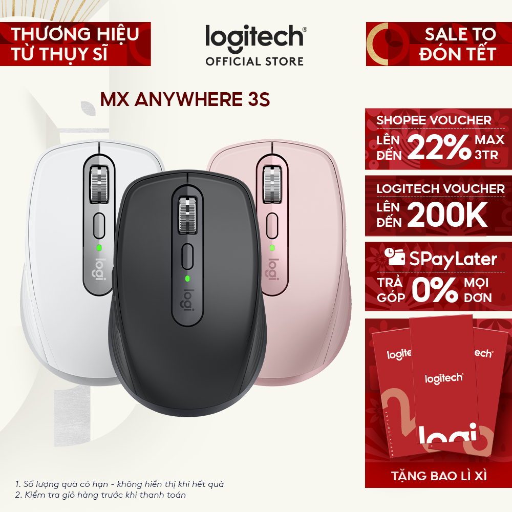 Chuột không dây Logitech MX Anywhere 3S Silent -Cuộn nhanh, 8000DPI, Sạc USB C, Bluetooth