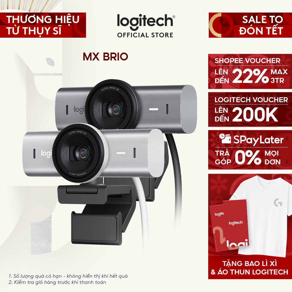 Webcam Logitech MX BRIO Ultra HD 4K - Hội họp & truyền trực tuyến, Mic kép giảm ồn, Show Mode, USB-C