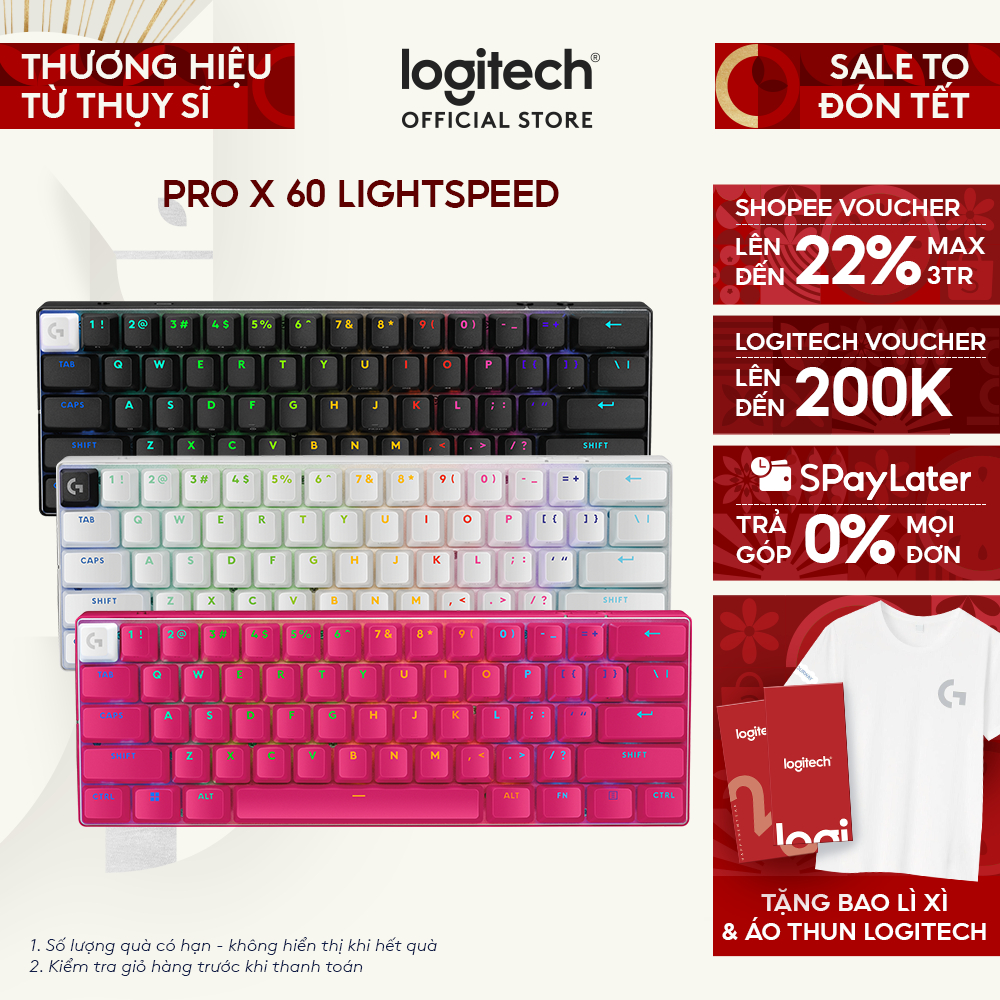 Bàn phím Gaming Không dây Logitech G PRO X 60 LIGHTSPEED 60% RGB SwitchGX Tactile