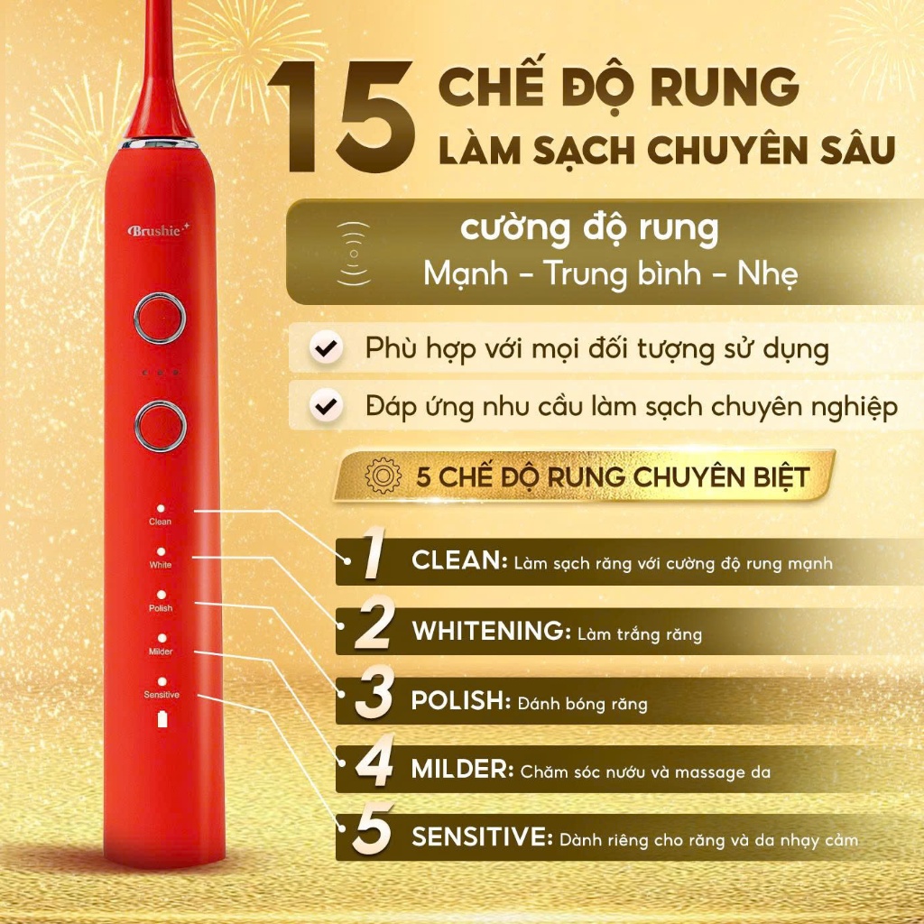 [GIÁ 621K TẠI LIVE SHOP] Bàn Chải Điện Brushie Promax, 15 Chế Độ Làm Sạch, Tích Hợp Đầu Rửa Mặt, Côn