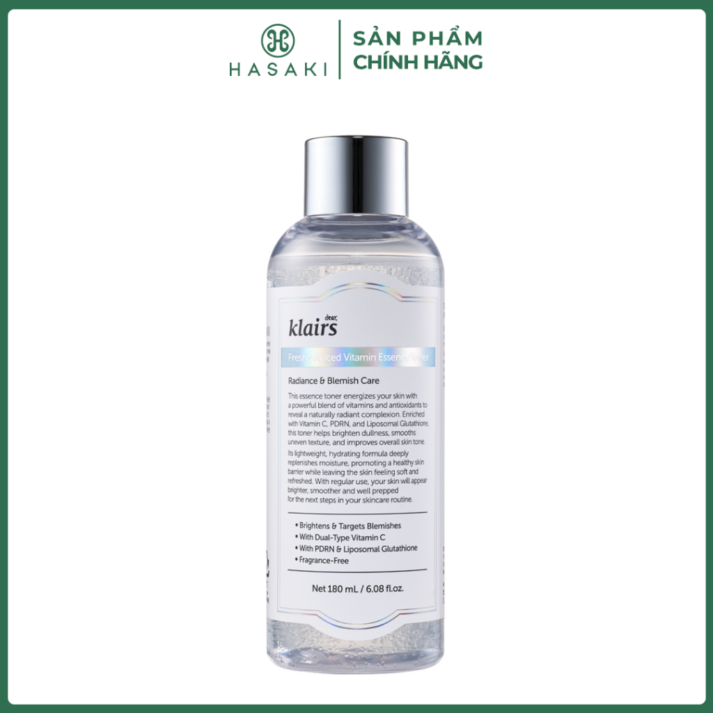 Toner Klairs Hỗ Trợ Làm Sáng Da PDRN Thuần Chay 180ml Freshly Juiced Vitamin Essence Toner Hasaki Chính Hãng
