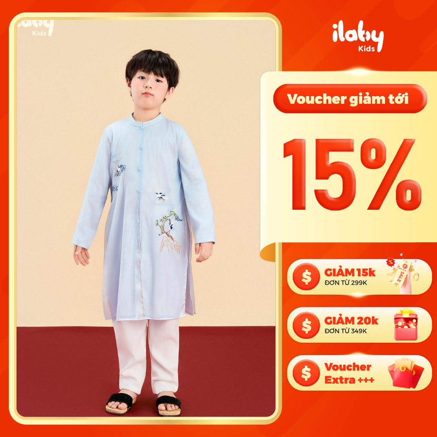 [ILABY HCM] Áo dài bé trai áo dài cách tân bé trai TRÚC LAM họa tiết chim én chất liệu vải tơ lụa mề