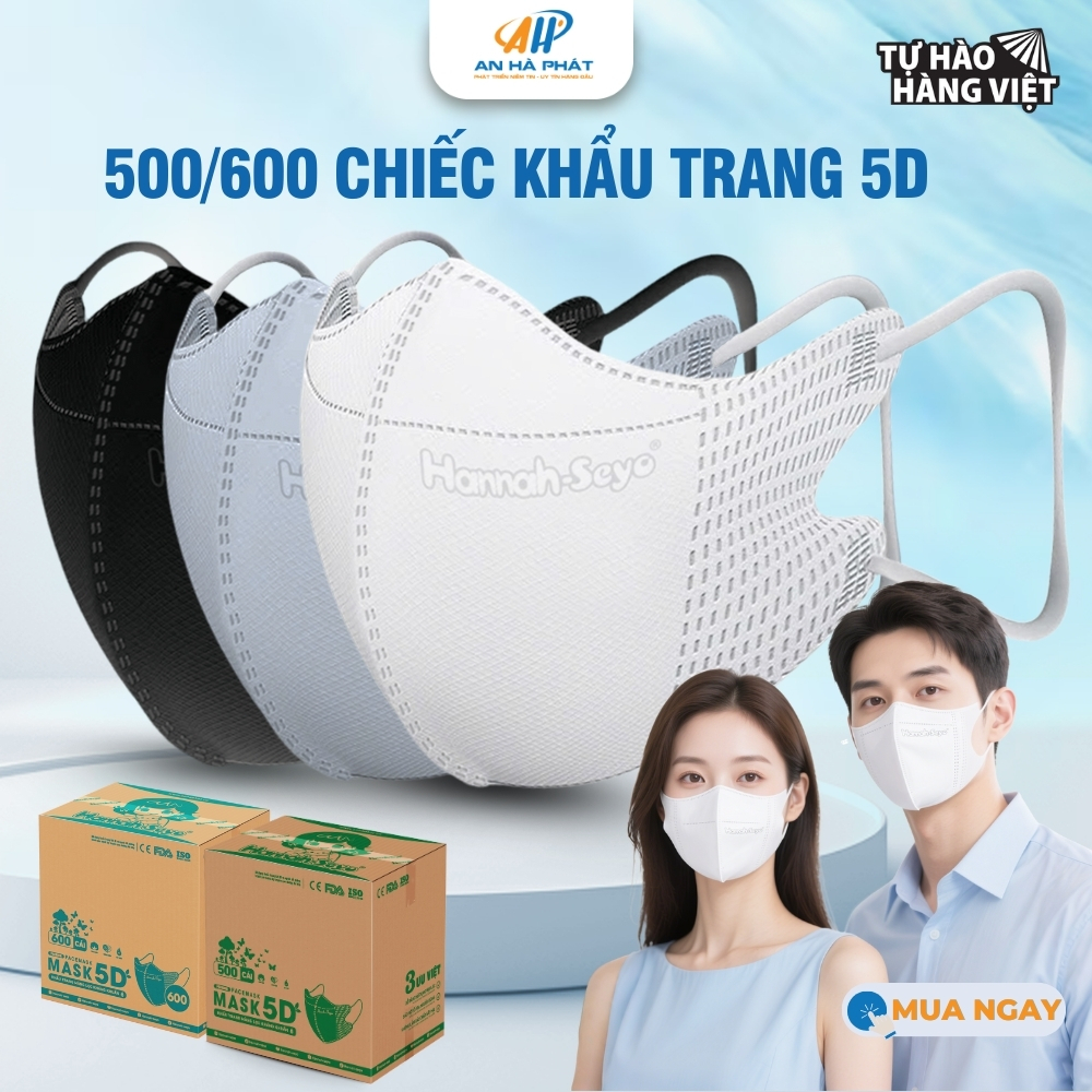 500/600 Khẩu Trang 5D Hannah Seyo 3 Lớp Kháng Khuẩn Lọc Bụi Mịn Chống Nắng Ngừa Tia UV Ngừa Giọt Bắn
