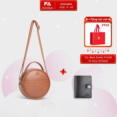 COMBO SIÊU HỜI - Túi đeo chéo tròn mini nữ đơn giản Fadoda FN30 và Ví da mini nhỏ gọn FADODA FVN20