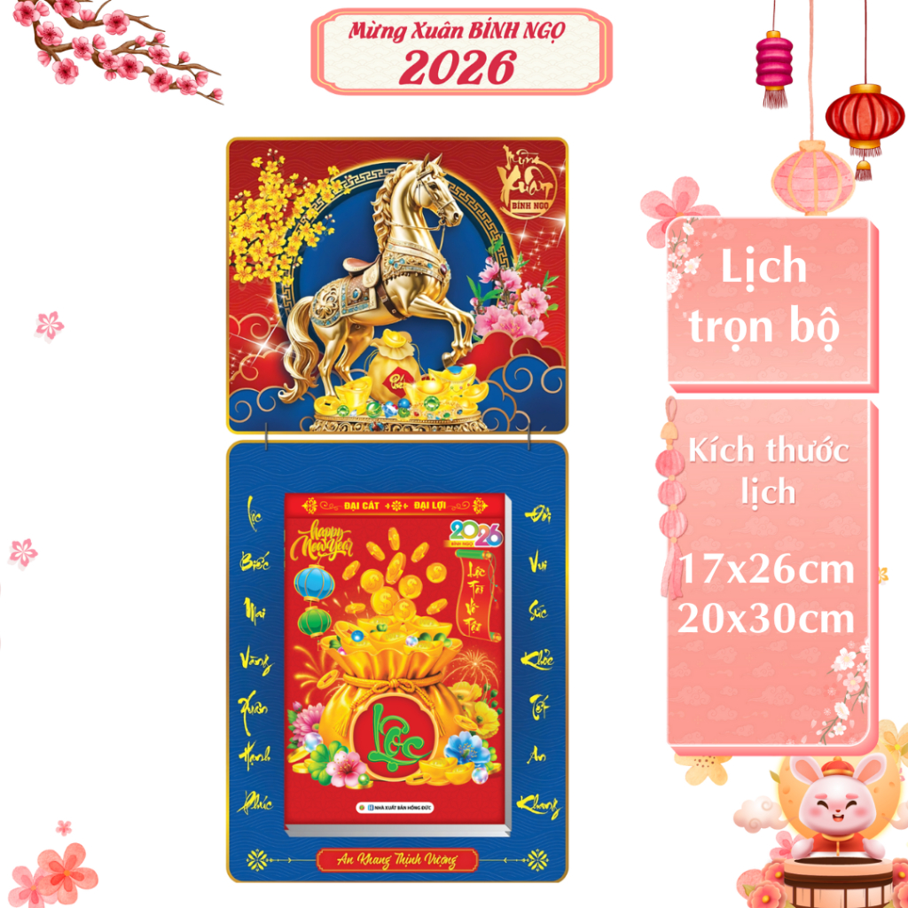 LỊCH 2026 - Bloc (17x26 cm) -  (20x30 cm) - Mã Đáo Thành Công Trọn Bộ Đầu Treo Laminate