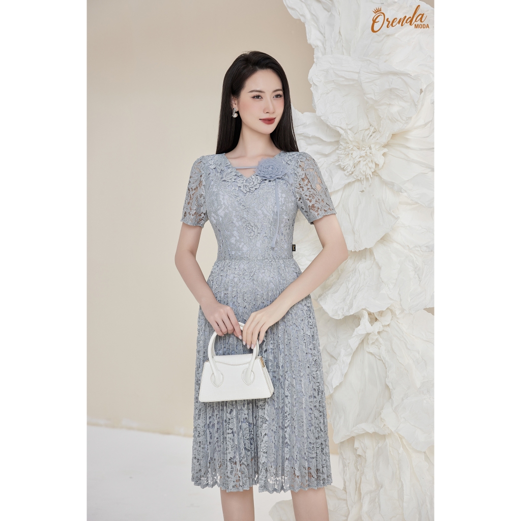 ORENDA MODA - ĐẦM REN MỀM XẾP LY TAY CỘC D438