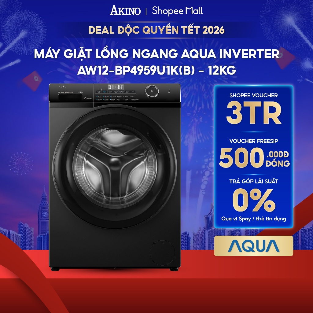 Máy Giặt Lồng Ngang  Aqua Inverter 12 Kg AW12-BP4959U1K(B) - Hàng Chính Hãng
