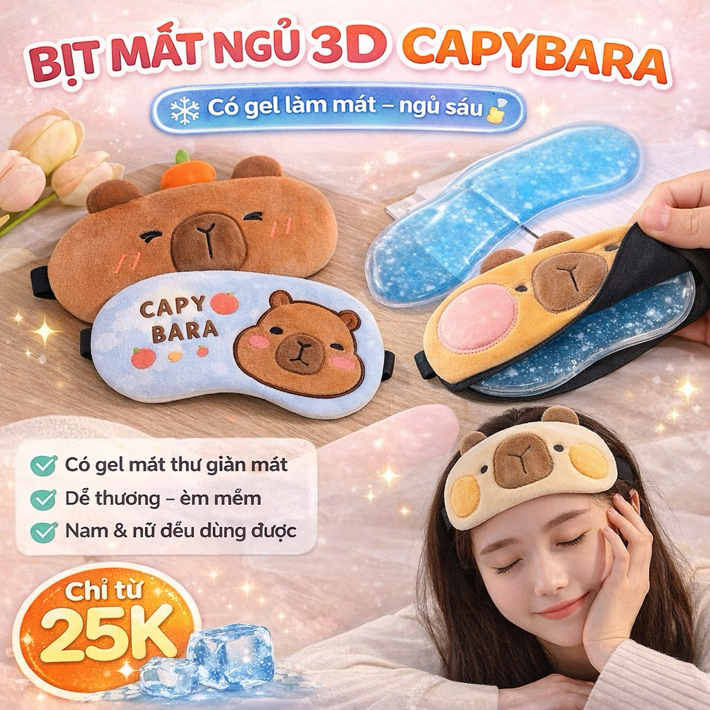 Bịt Mắt Ngủ Capybara CÓ GEL MASSAGE Vải nhung Hoạt Hình  Gấu Trúc Vịt Mèo Ếch Siêu Đẹp Bảo Vệ Giấc Ngủ