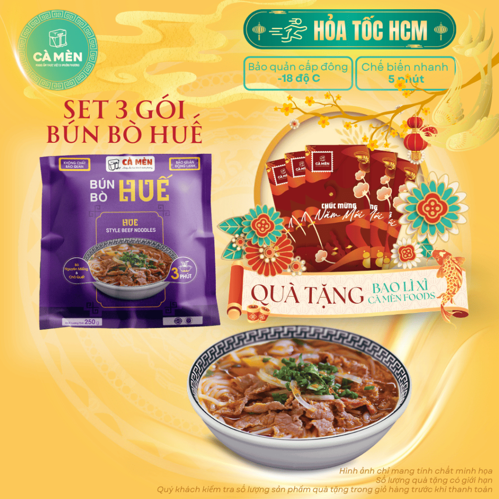 Bún Bò Huế Cà Mèn Foods combo 3 gói 250gram ăn liền bún bò huế đông lạnh ăn sáng tiện lợi HỎA TỐC HC