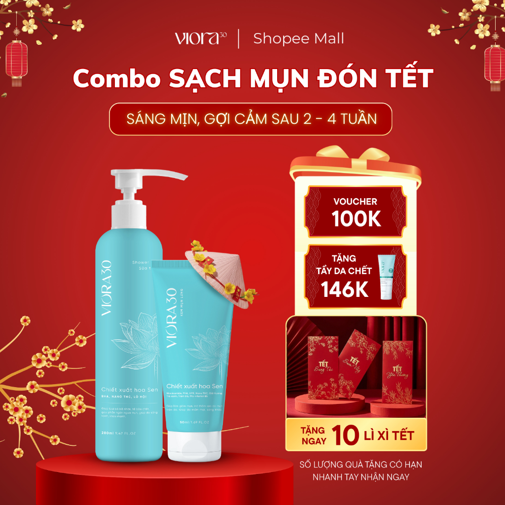 Combo Sữa Tắm & Kem Mụn Lưng Viora 30 Thế Hệ Mới - "Say Bye" Mụn Lưng, Da Sáng Khỏe, Mờ Thâm Mụn