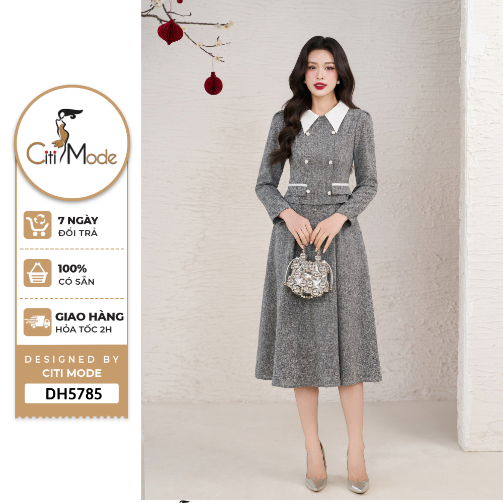 Đầm công sở CITI MODE FASHION thiết kế Đầm xòe dạ tàn  cổ đức tay dài DH5785