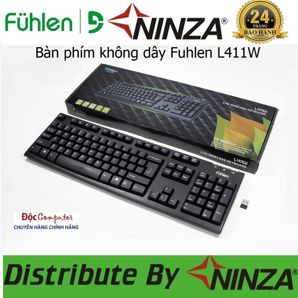 Bàn phím không dây Fuhlen L411w chính hãng, Tặng kèm Pin (Tuổi thọ 20 triệu lần nhấn) - Bảo Hành 24 