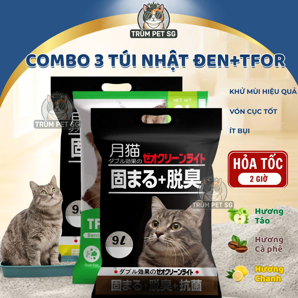[COMBO 3 TÚI] Cát Vệ Sinh Cho Mèo NHẬT ĐEN, TFOR 9L Thấm Hút, Vón Cục Nhanh, Khử Mùi Hiệu Quả, Ít Bụi, An Toàn Cho Mèo