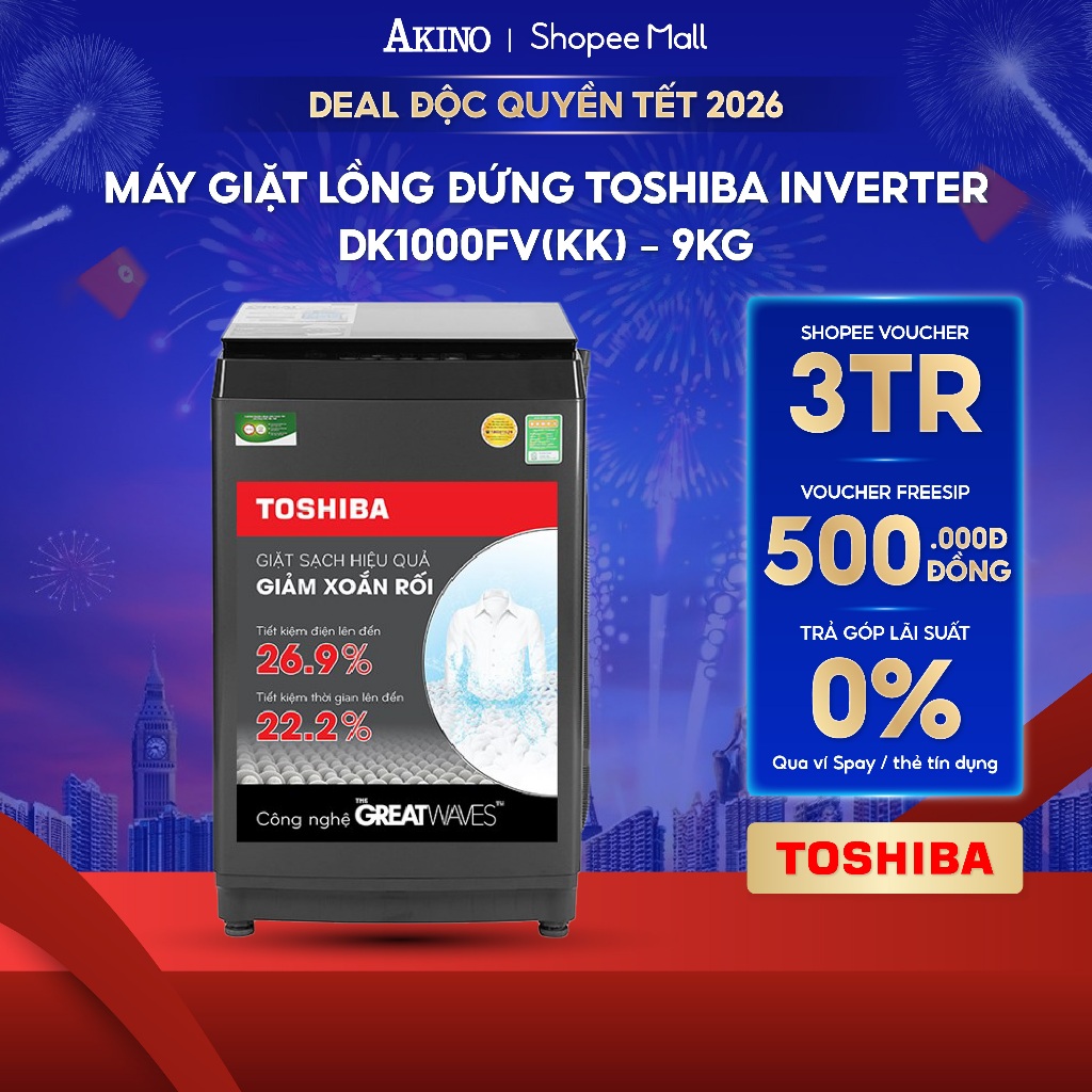 Máy giặt Lồng Đứng Toshiba Inverter 9 Kg DK1000FV(KK) - Bảo Hành Chính Hãng