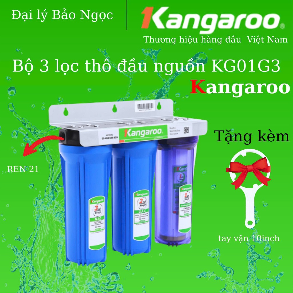 Kangaroo bộ 3 cốc lọc thô đầu nguồn chuyên xử lý nước giếng KG01G3 - Ren 21 (Đã bao gồm lõi 123 Kang